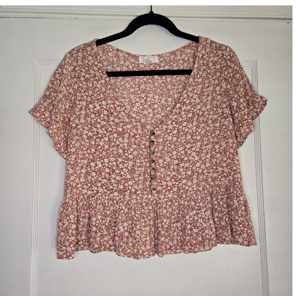 Ivy + Main Floral Ruffle Blouse Women's M Orange & White Button Front